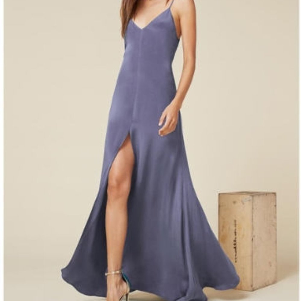 NEW Reformation cornflower blue Cabot  Slip Dress 100% Silk front slit v neck